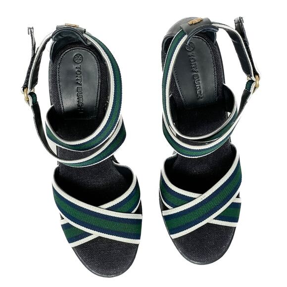 Tory Burch Frieda Green Navy White Stripe Canvas Leather Espadrilles size 9.5 - Picture 4 of 13